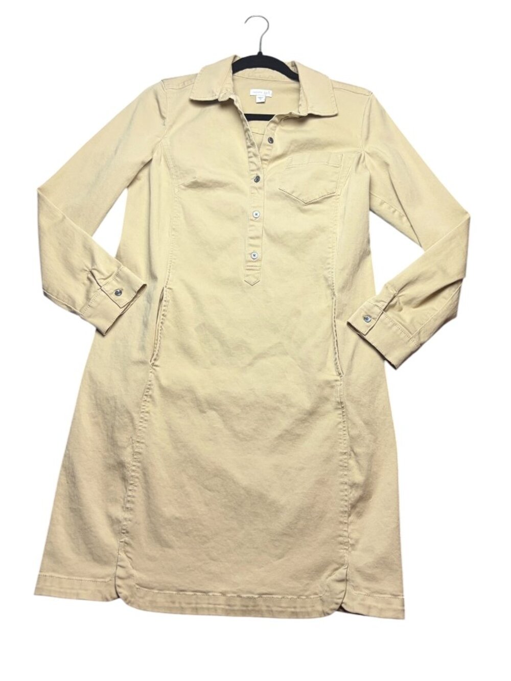 J Jill Live in Chino Size 6 Shirt Dress Khaki Cargo Roll Tab Sleeves Tan Minimal - Picture 2 of 8
